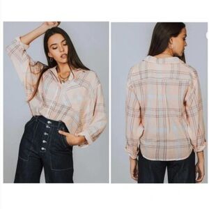 Free People Oversized Cropped Plaid Button Down Shirt